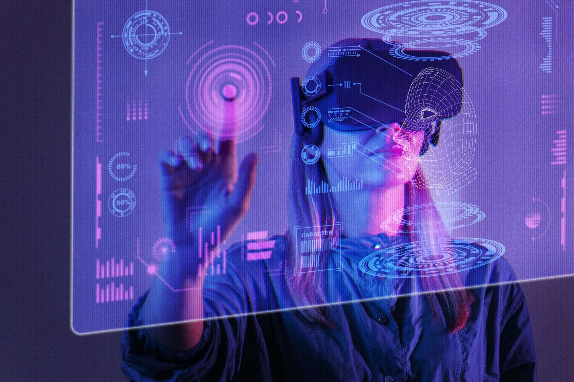 metaverse-avatar-collage-concept-scaled Woman in VR headset interacts with holographic interface.