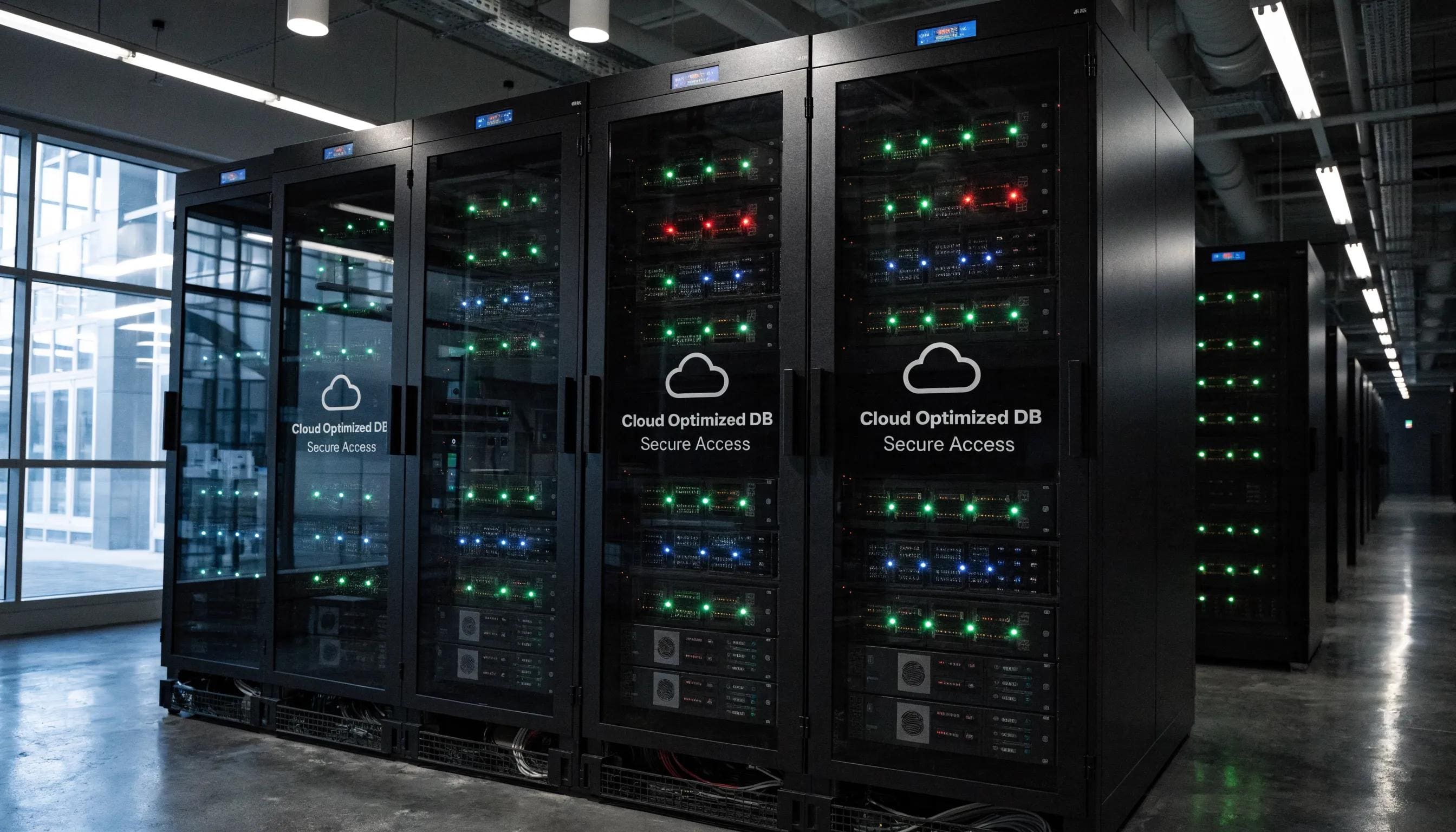 Data center with modern servers illustrating optimization strategies for enterprise database management