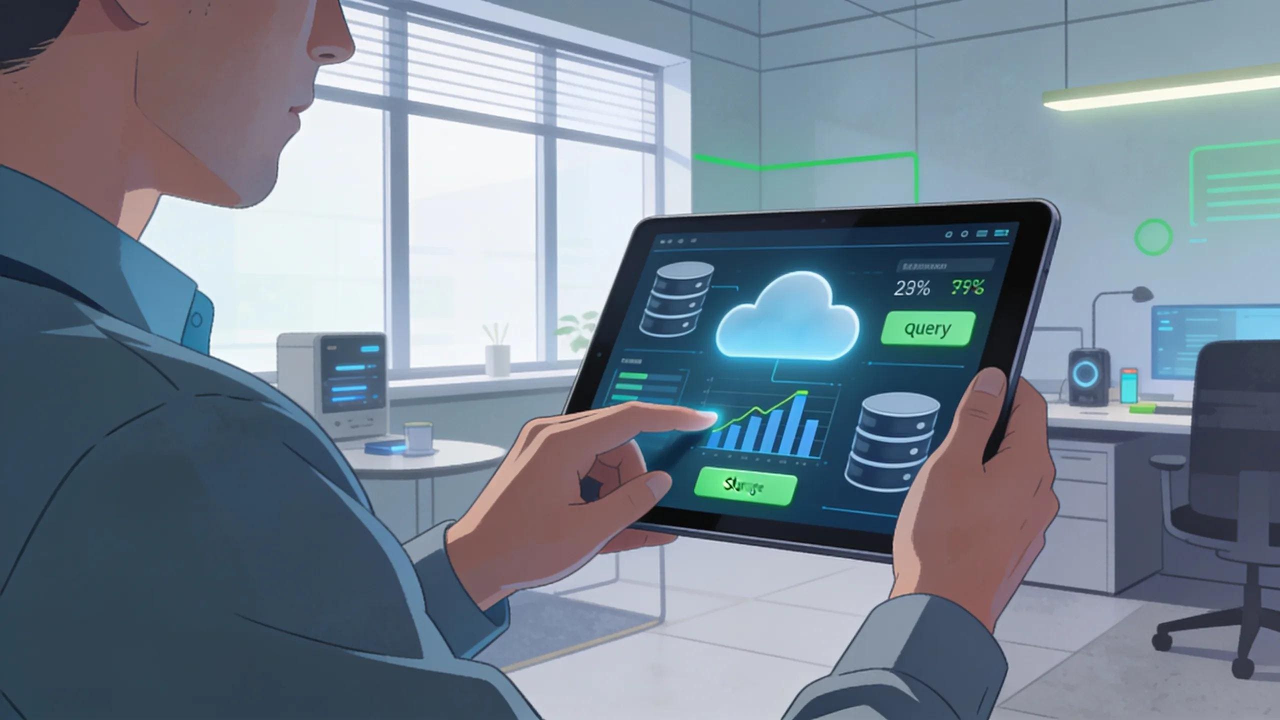 User interacting with cloud database services on a tablet in a modern office