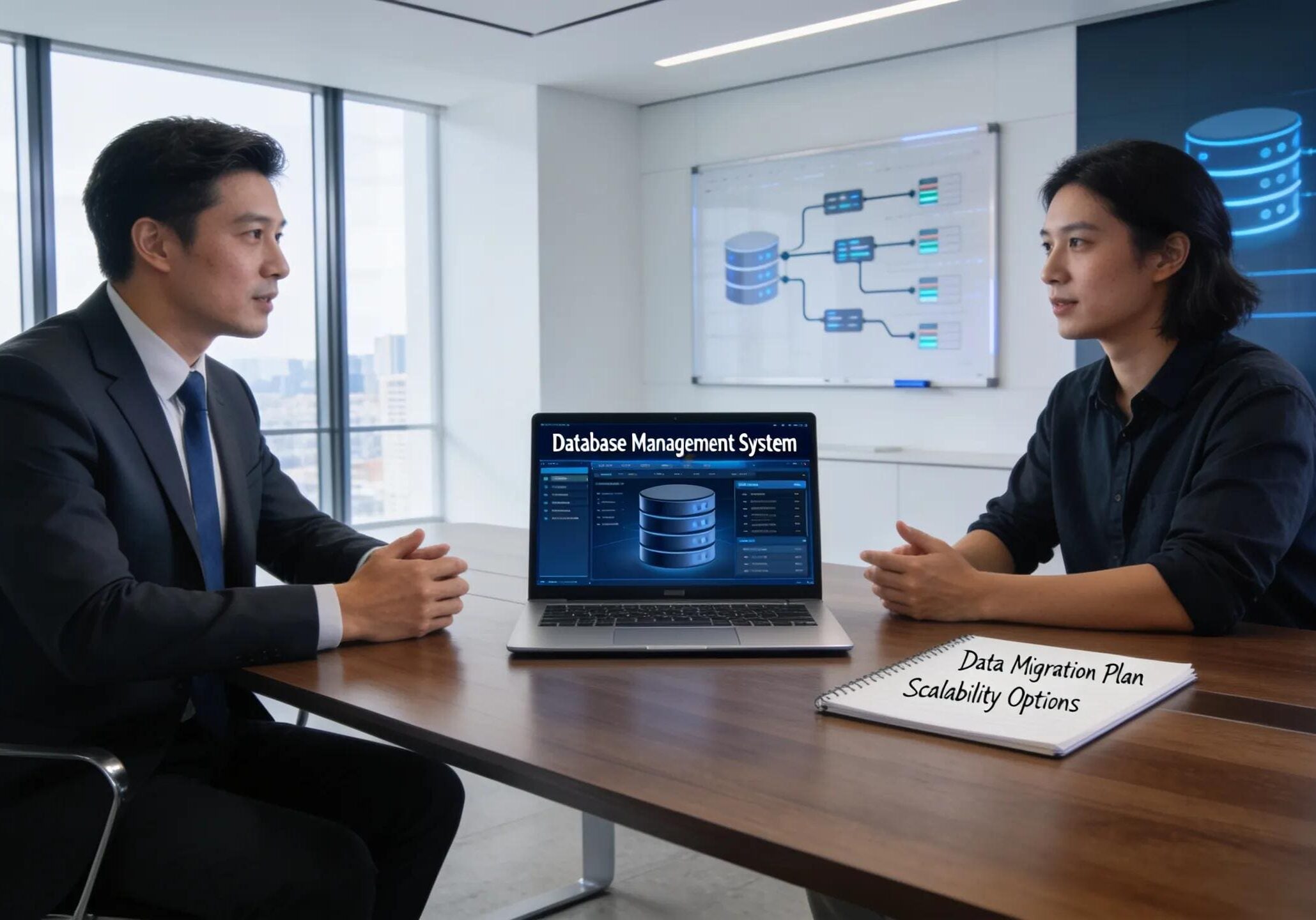 IT consultant advising on remote DBA services in a professional office setting