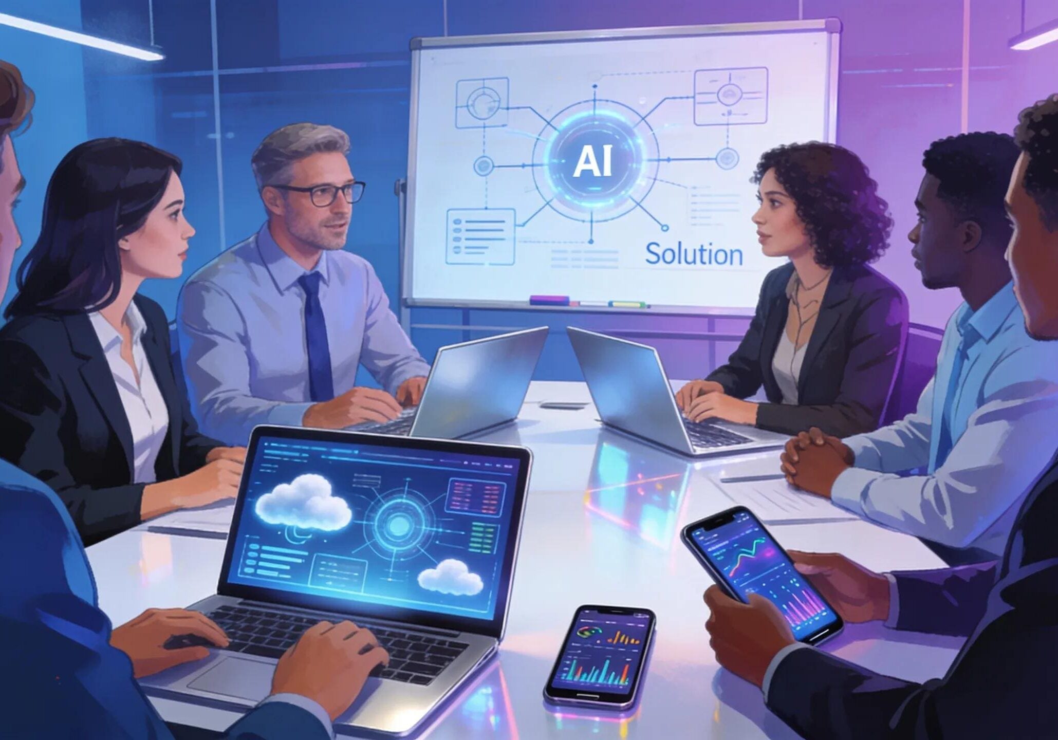 Team of IT consultants in a collaborative meeting with technology-focused elements representing cloud and AI solutions